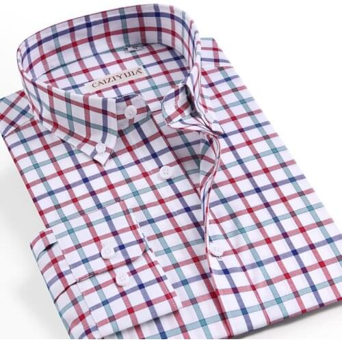 High Quality Button Down Men Gingham Plaid Cotton Shirts Pocketless Design Long Sleeve Regular Casual Social Tops Shirt