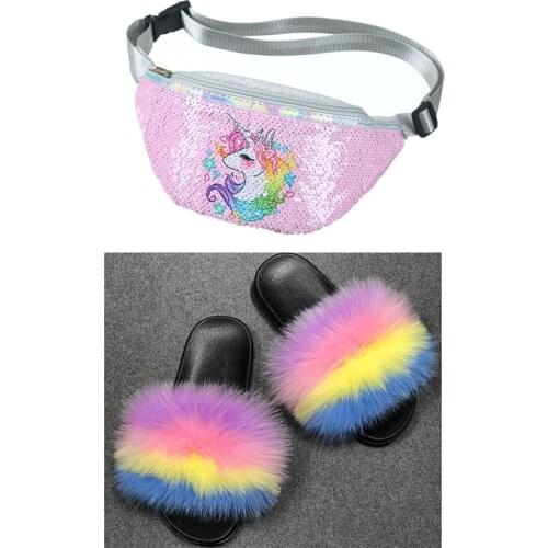 Children Sweet Fur Slippers Unicorn Fanny Pack Set Kids Fluffy Furry Slides Schoolbag Match Set Girl Cute Fur Beach Flip Flops