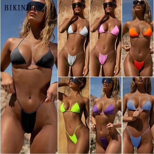 2020 New Sexy Three Point Bikini Women Solid Color Swimsuit Triangle Bralette Swimwear S-L Girl Backless Halter Thong Bikini Set