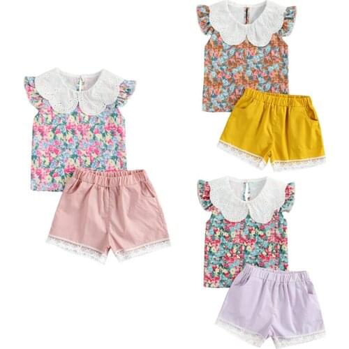 1-5Y Baby Girls 2Pcs Summer Clothes Ruffle Sleeve Doll Collar Flower T-Shirt + Elastic Waist Shorts Outfits