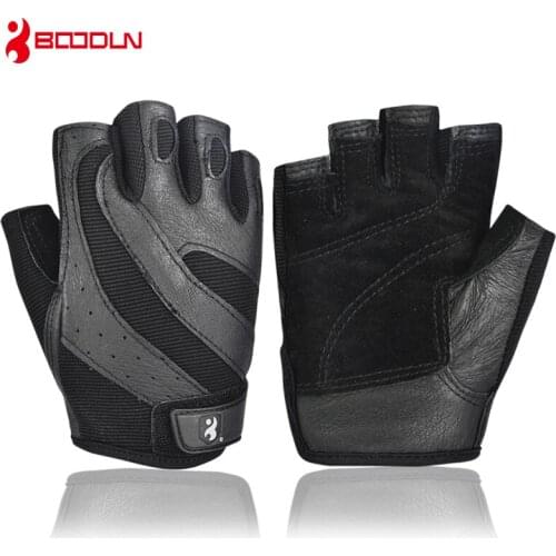 Boodun Genuine Leather Gym Weight Lifting Gloves Men Body Building Training Sports Fitness Exercise Pig Black Gloves Male