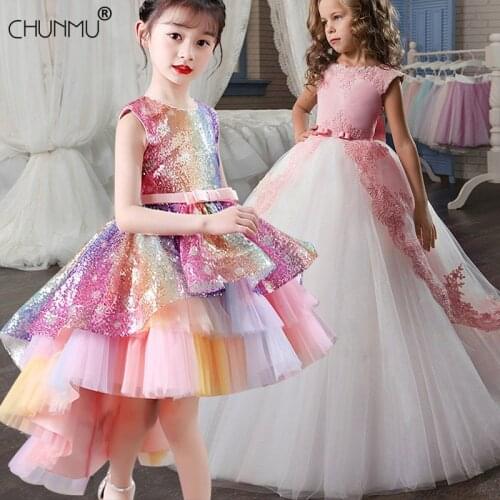 Flower Big Bow Long Prom Gowns Teenagers 3-14 Yrs Dresses for Girl Children Party Clothing Kids Evening Formal Dress for Wedding