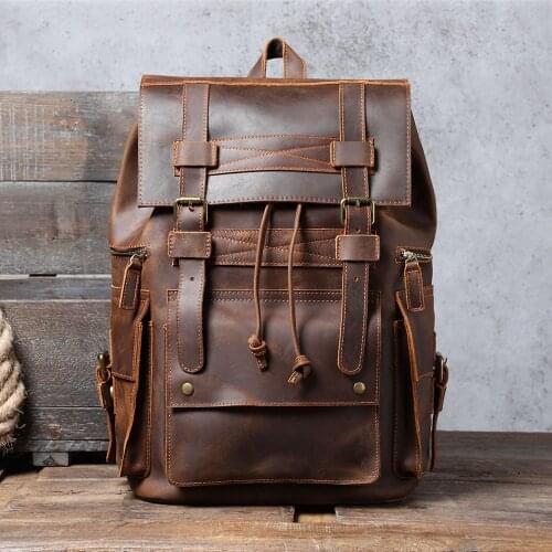 New Crazy horse leather Mens Backpack Retro first layer cowhide large capacity travel Backpacks Laptop Bag School shoulder Bags