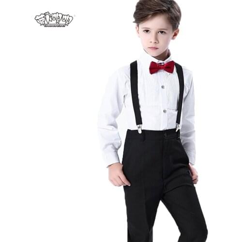 Wedding Suit For Boys Kids Formal Prince School student Dress Gentleman Kids Strap Shirt Pants Bowtie 4Pcs ceremony Show Costume