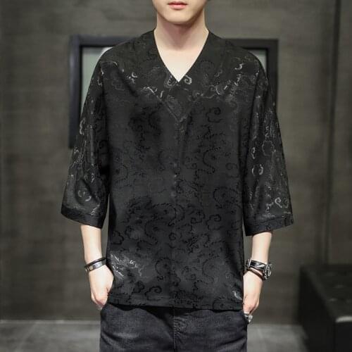 Chinese Traditional Tops Men Shirts V Neck Three Quater Sleeve Summer Loose Solid Color Dragon Print Vintage Street Wear Fashion