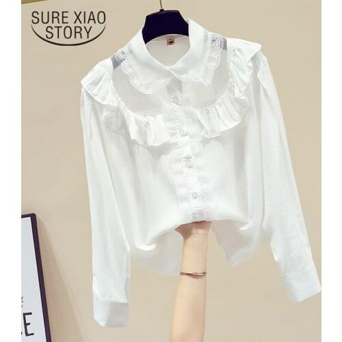 White Shirt Womens Spring New French Style Doll Collar Ruffle Elegant Blouse Lace Mesh Stitching Long Sleeve Chiffon Tops 13011