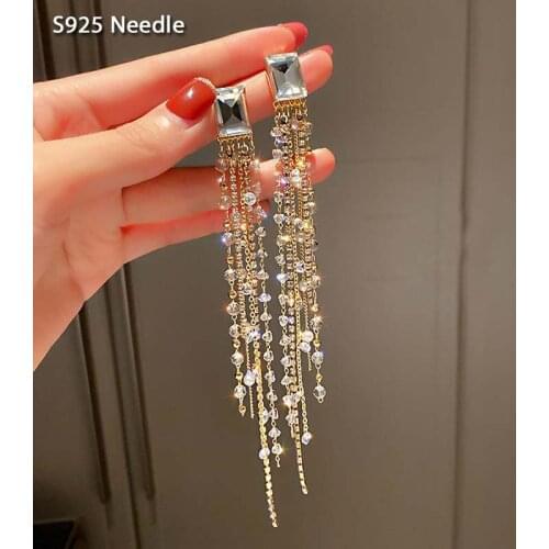 925 Sterling Silver Needle Long Dangle Drop Earrings for Women Jewelry Square Black CZ Pearls Female Tassel Earrings