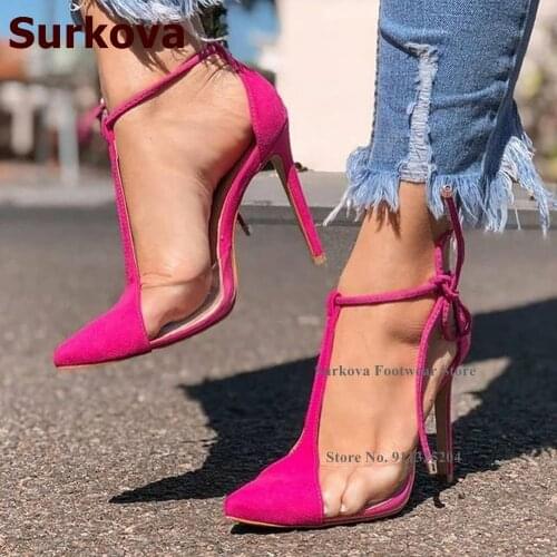Surkova Ladies Hot Pink Suede T-strap High Heel Shoes Clear PVC Patchwork Lace-up Wedding Pumps Shallow Cut Pointed Toe Footwear