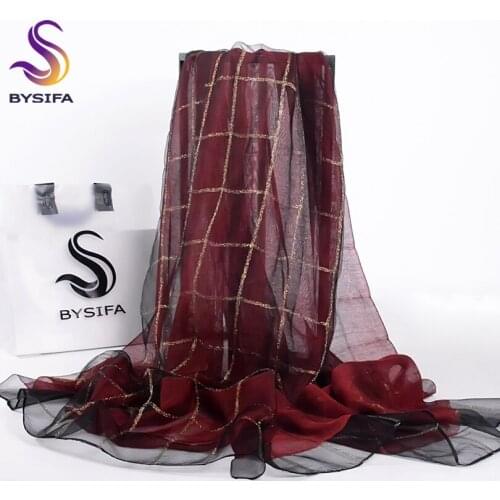 [BYSIFA] Winter Long Scarves Women Trendy Accessories Pure Silk Plaid Silk Scarf Shawl New Warm Burgundy Neck Scarf 190*70cm