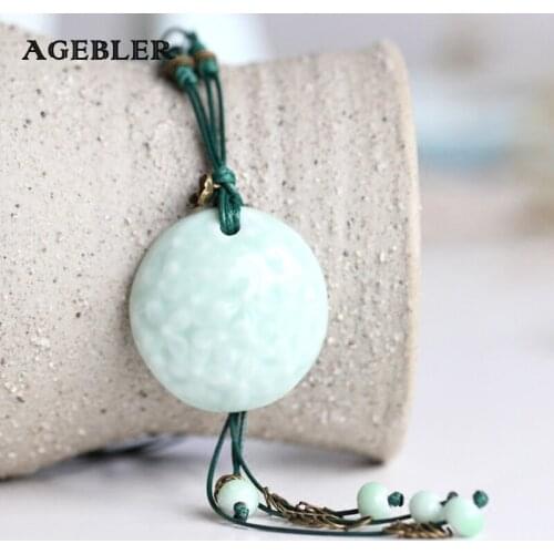 Bohemia Style Handmade Women Ceramic Necklaces & Pendants Rope Chain Female Fashion Green Round Flower collier Long Necklace