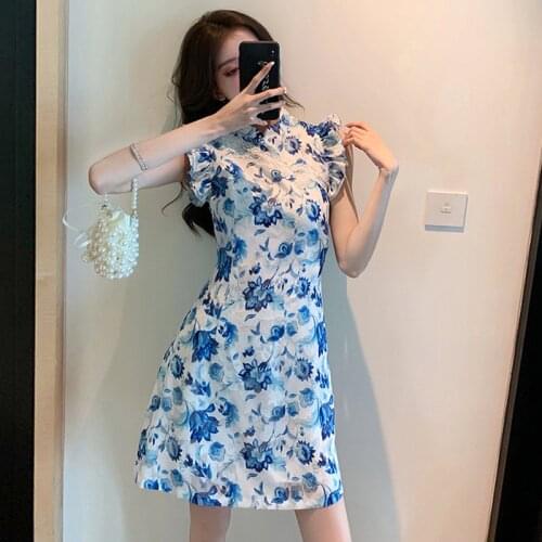 Fashion Summer Korean Casual Stand Neck Ruffle Mini Party Dress Ladies Elegant Vintage Sleeveless Floral Print Beach Short Dress