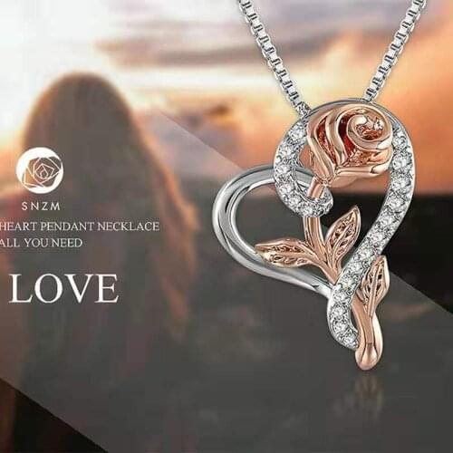 Elegant Rose Love Heart Pendant Crystal Rhinestone Necklace Color Romantic Valentine Gift For Women Wedding Jewelry Necklace