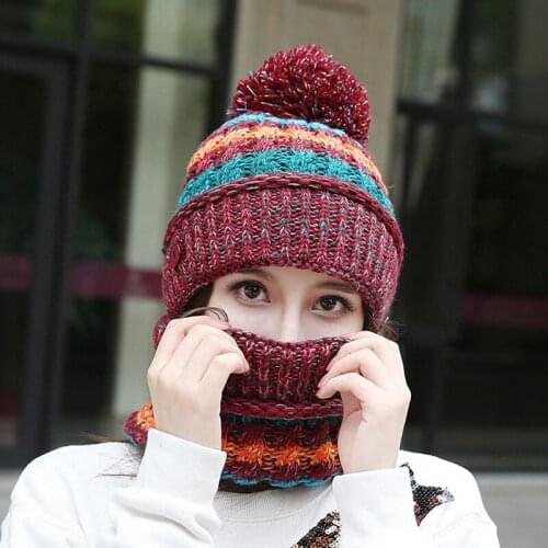 Winter Ski Knitted Cap Women outdoor Sport Running Hiking Hat Girls Detachable Warm Scarf Hats c2