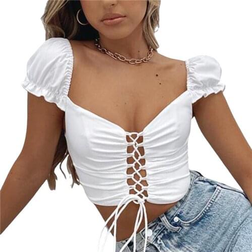 2021 Sexy Deep V-neck Black Flannel Crop Tops Women Elegant Puff Sleeve Skinny Bodycon Bandage Hollow Tees Tank Tops Clubwear