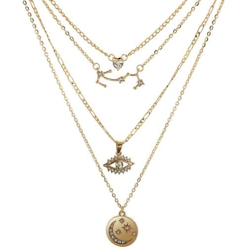 4 Pcs/set Vintage Evil Eye Crystal Necklace for Women Gold Multilayer Chain Necklaces Long Multiple Pendant Choker Boho Jewelry