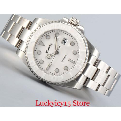 BLIGER Fashion 40mm White Dial Auto Date Sapphire Glass Ceramic Bezel MIYOTA Movement Mental Bracelet
