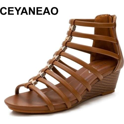 CEYANEAO 2021 Women Gladiator Sandals Sexy Cutout Leather Wedge Sandals Summer High Heels Women Shoes Zapatos Mujer