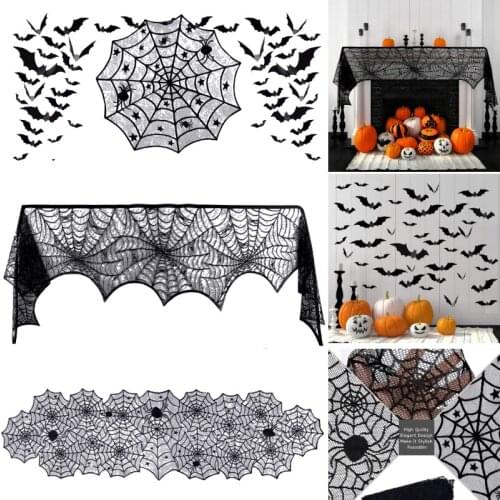Halloween Decorative Bats Curtains Black Lace Spider Web Holiday Stove Towel Lampshade Fireplace Cloth Decor for Spooky Festival