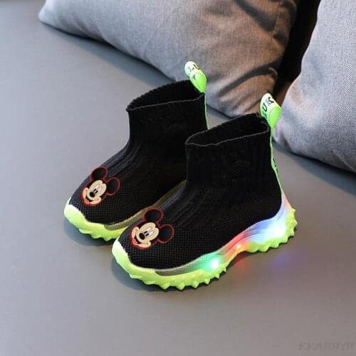 Disney Mickey Kids Sneakers Children Girls Boys Mesh Led Luminous Socks Sport Run Sneakers Shoes Sapato Infantil Light Up Shoes