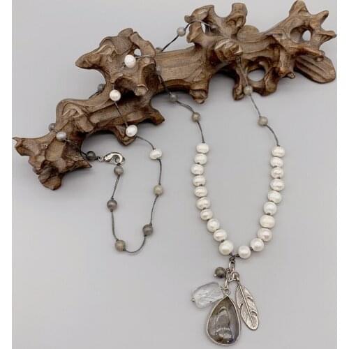 FoLisaUnique Gray Labradorite Pendant Long Necklace For Women Girls 7-8mm White Freshwater Pearls Casual Trendy Jewelry 30 Inch