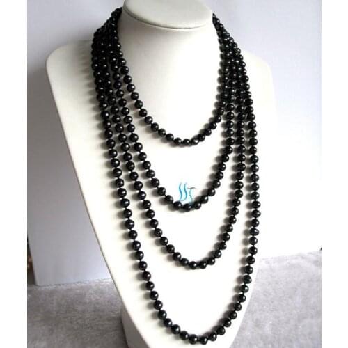 Long Pearl Jewelry Black Color 100 inches 7-8mm Freshwater Pearl Necklace Free One Pairs Earrings Perfect Party Gift