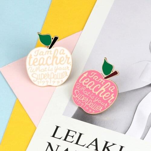 Apple Brooches Pink White Teachers Superpower Enamel Pin Colthes Bags Cartoon Fruit Lapel Pins Badge Jewelry Gifts For Teachers