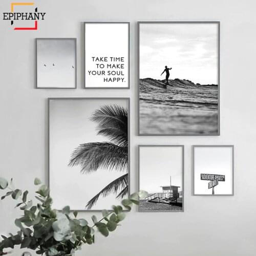 Gallery Wall Art Prints Black and White Palm Tree Surf Ocean Landscape Inspiring Posters and Print Wall Decor for Living Room