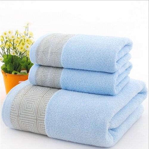 Hot 3 Pcs/set Blue Cotton Towel Sets Geometric Embroidered Quick-Dry Soft for Home and Hotel Free Shipping