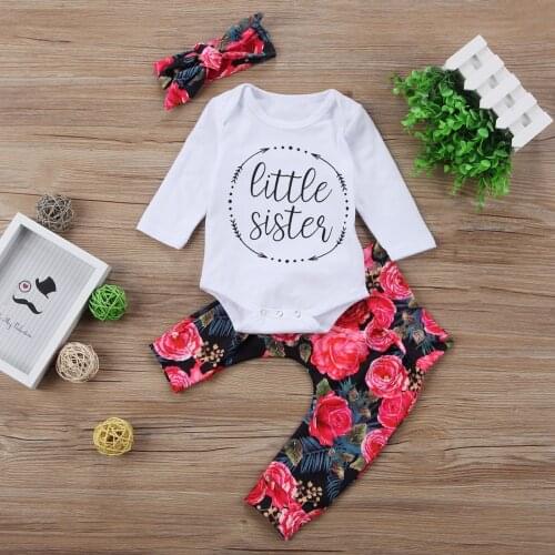 3 Pieces Newborn Infant Clothes Set Baby Girl Romper White Letter Little Sister Long Sleeve Tops Print Pants Headband Outfits