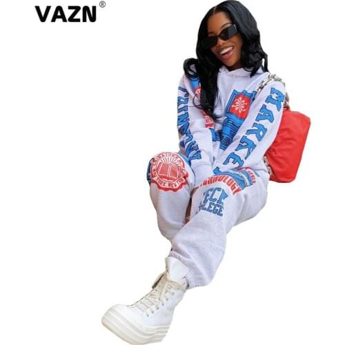 VAZN New Sport Lady Women Letter Gym Fitness 2020 Set Hooded Long Sleeve Full Pant 2 Piece Sets Night Club Sets