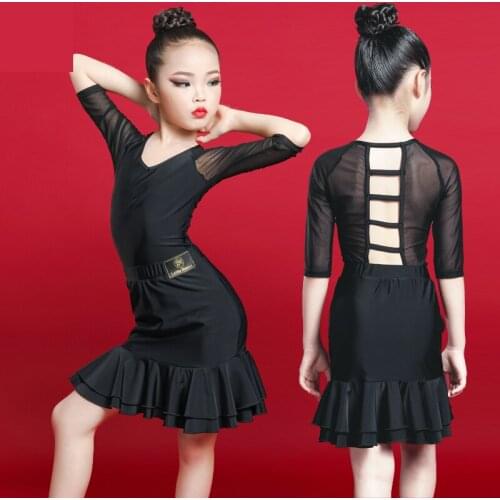 Summer Childrens Latin Dance Practice Wear Mesh Stitching Top Skirt 2 Pieces Set For Girl Ballroom Cha Cha Training Suit DL6147