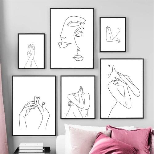 Minimalist Women Body Line Drawing Wall Art Poster Figure Face Lip Print Hand In Hand Canvas Painting Abstract Living Room Decor