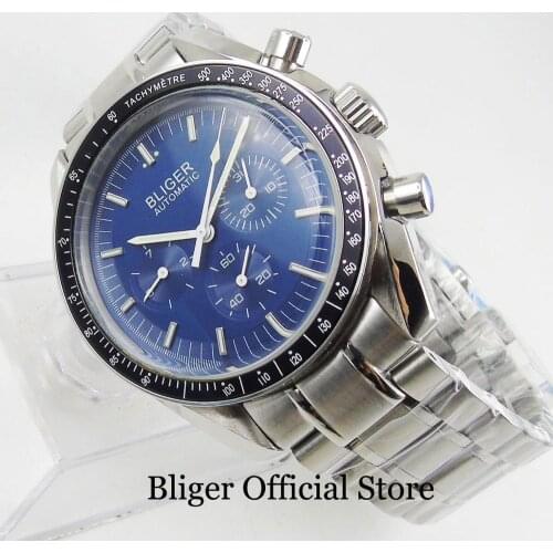 BLIGER Blue Stainless Steel 40mm Mens Watch Automatic Movement Week Date Indicator Mental Bracelet Clasp