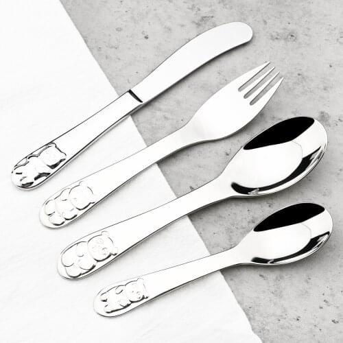 Baby 18/10 Stainless Steel Cutlery Spoon Fork Knife Dinnerware Set Kids Learning Eating Habit Children Tableware Cartoon Pattern