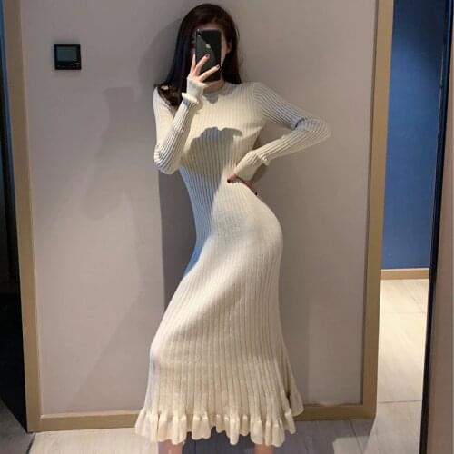 Autumn Winter Women Fishtail Hem Knitted Dress Round Neck Sweater Dresses Lady Slim Bodycon Long Sleeve Bottoming Dress FZ01
