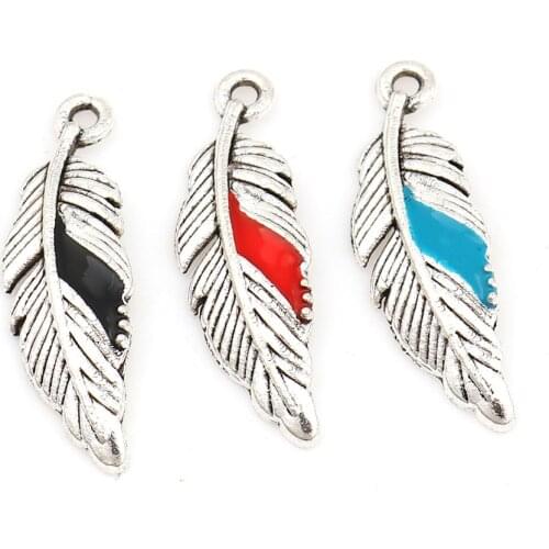 DoreenBeads Fashion Zinc Based Alloy Pendant Feather Silver Color Black Enamel DIY Charms 23mm( 7/8") x 7mm( 2/8"), 20 PCs