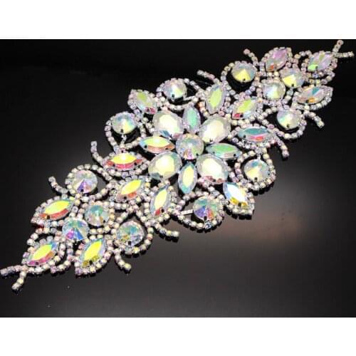 1pcs Crystal AB Flower Rhinestone Applique Bridal Wedding Dress Belt Silver Base Crystal Shine Rhinestone Belt Sew on Strass