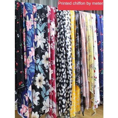 Floral Printed Chiffon Fabric By The Meter Per for Dress Clothing Skirt Curtain Diy Sewing Daisy Flower Summer Cloth Black Blue