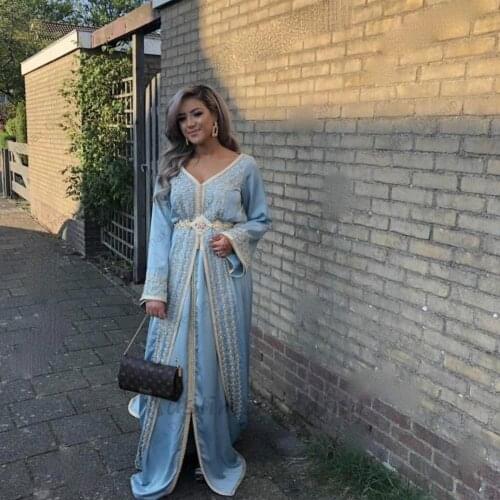 Vintage Blue Kaftan Muslim Evening Dress With Long Sleeve Sexy V Neck Beaded Appliques Prom Dresses Elegant Modest Formal Dress