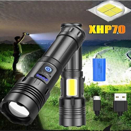 Bright XHP70 COB LED LED Flashlight USB Rechargeable Waterproof 7 Modes Torch 26650 Battery Tactical Flashlight Hiking Lantern