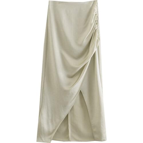 Za Women 2021 Chic Fashion Office Wear Asymmetry Midi Skirt Vintage High Waist Back Zipper Slit Female Skirts