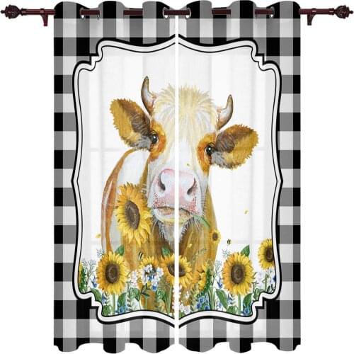 Country Style Cow Sunflower Plaid Window Curtains Kitchen Bedroom Drapes Home Decor Luxury Living Room Backdrop Curtain