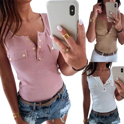 Women Sexy Solid Color V Neck Sleeveless Button Ribbed Slim&Fit Blouse Knitting Top Vest Ladies Casual Tank Tops Clothin