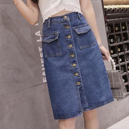 LJSXLS 2021 Summer Korean Style Blue Knee Length Pencil Skirts Women Button High Waist Vintage Denim Skirt Femme Plus Size S-5XL