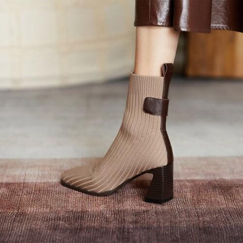 HARAVAL Ankle Boots Shoes Women Stretch Fabric Female Autumn Winter Fashion Thick Heels Fabric Round Toe Black Women Shoes E26L