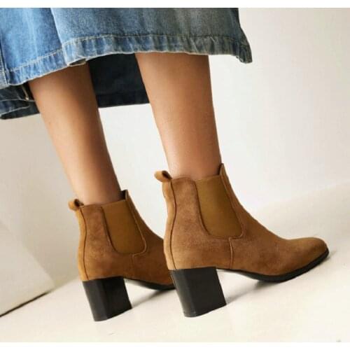 Sianie Tianie European Sexy Faux Suede Stretch Elastic Band Chunky High Heeled Womens Winter Shoes Heels Ankle Chelsea Boots