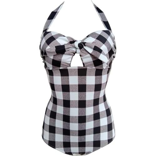 2021 Summer Lace Up Swimsuit Surfing Triangle One piece Large Size Black and White Checked Neck Retro Hollow plaid bikini Women