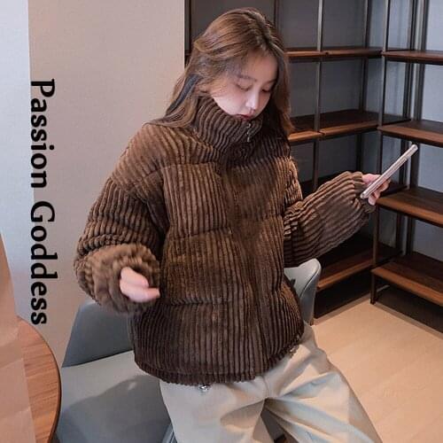 Korean Style Womens Corduroy Puffer Down Jacket Drawstring Collect Waist Thick Jacket Stand Collar Winter Bubble Outcoat Parkas