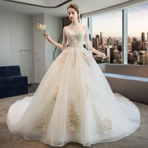 High-Grade Beads Appliques Tassel Robe De Mariee Vestido Boho Wedding Dress V Neck Short Sleeve Longue Robe De Soiree Elegant