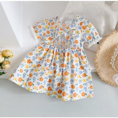 2021 Summer Girls Clothes Fashion Floral Dress Kids Back Cross Printed Dresses 80-130cm DT402